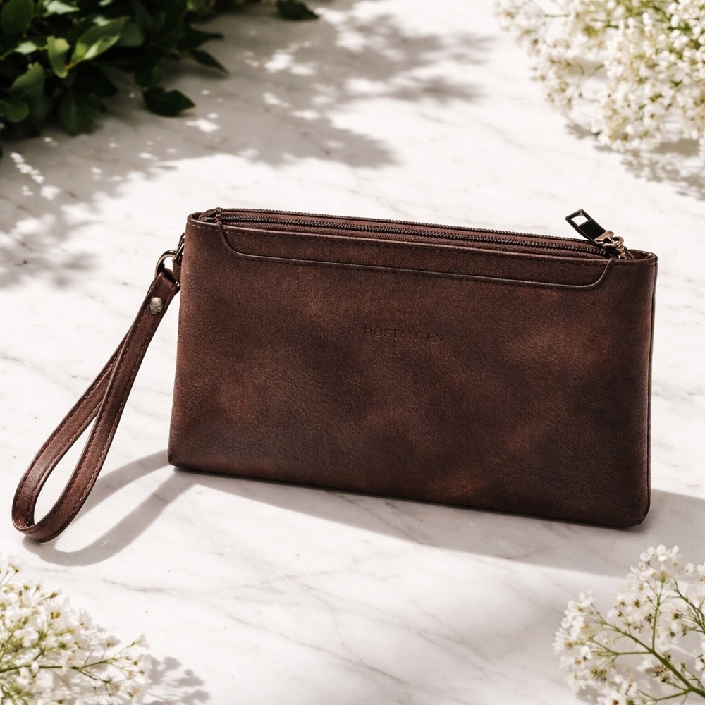 Bostanten Wristlet Clutch Womens OS Brown Excellent Vegan Leather Zip Pouch‎